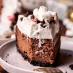 Delicious hot chocolate cheesecake topped with whipped cream and chocolate shavings.