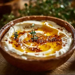 Delicious Hot Honey Cheese Dip in a serving bowl garnished with herbs and crackers.