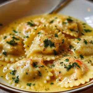 Delicious lobster ravioli served in lemon butter sauce, garnished with herbs.