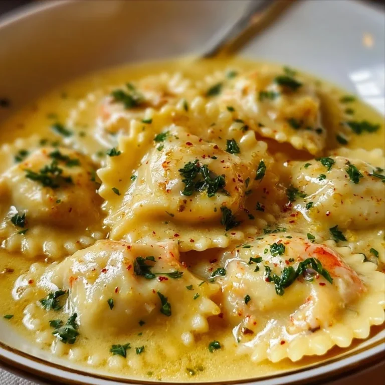 Delicious lobster ravioli served in lemon butter sauce, garnished with herbs.