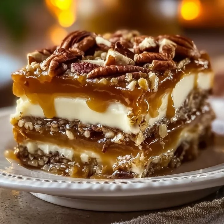 Layered pecan pie lasagna with creamy filling and pecans