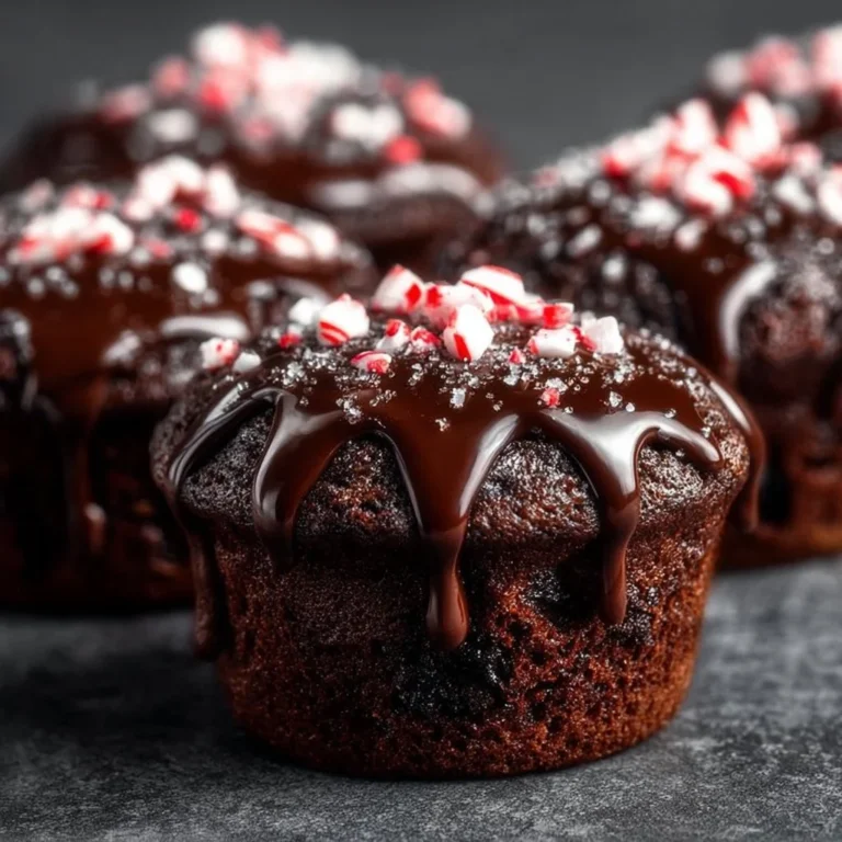 Freshly baked peppermint hot chocolate muffins topped with chocolate drizzle.