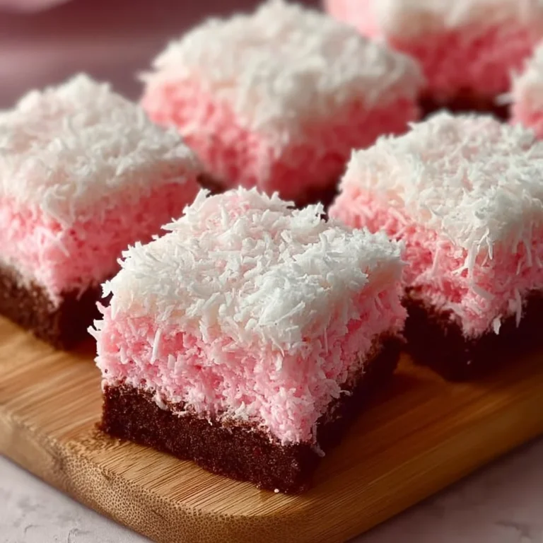 Delicious Pink Coconut Snowball Cake Bars with a fluffy coconut topping
