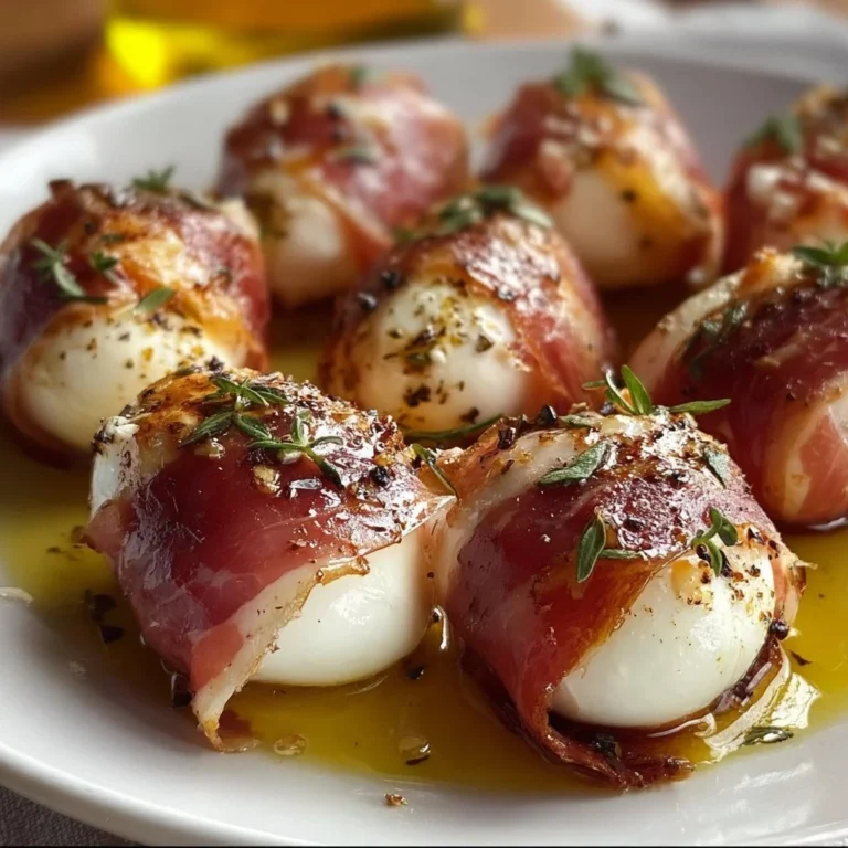 Delicious prosciutto wrapped mozzarella bites served on a platter