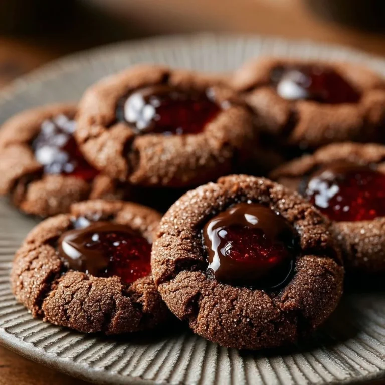 Delicious chocolate thumbprint cookies with chocolate filling arranged on a plate.