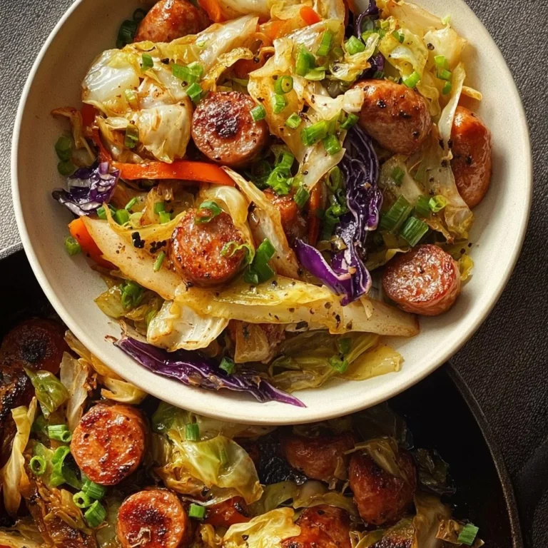 Sausage and Cabbage Stir Fry served in a skillet with vibrant vegetables