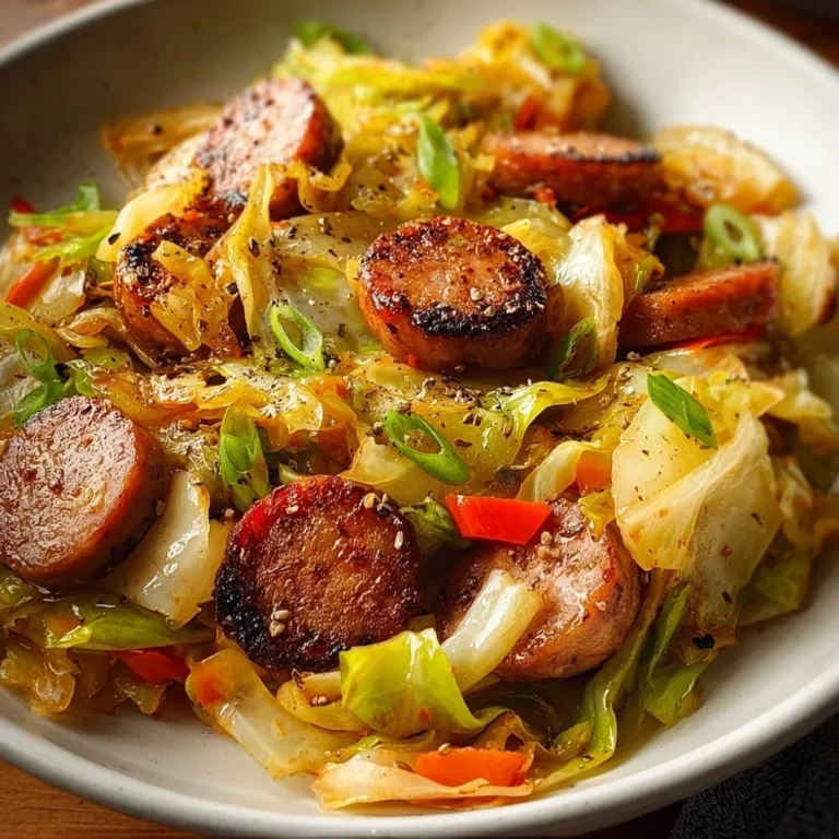 Delicious sausage and cabbage stir fry served in a colorful bowl