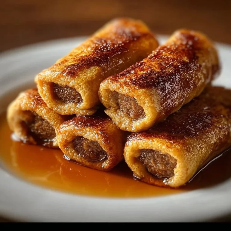 Sausage French Toast Roll Ups served with syrup and fresh fruit on a plate.