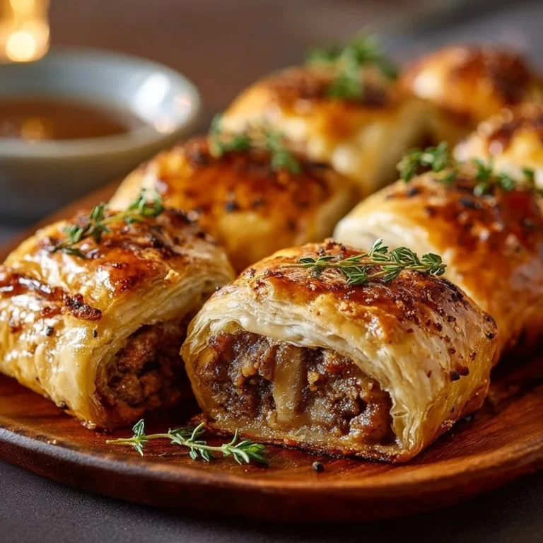 Savory French onion sausage rolls on a serving platter