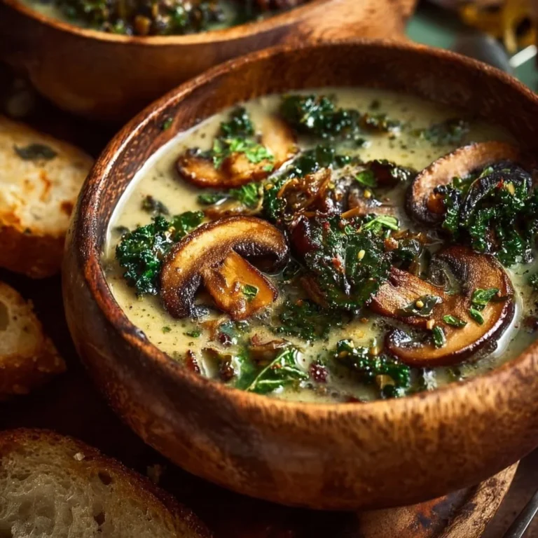 Delicious wild mushroom, caramelized onion, and kale soup in a bowl