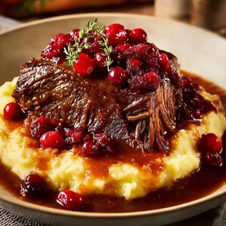 Slow braised beef roast garnished with cranberry balsamic glaze