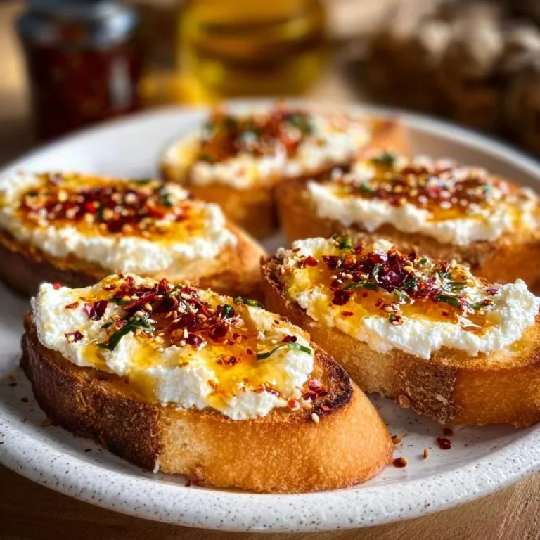 Delicious sweet and spicy whipped feta crostini topped with hot honey