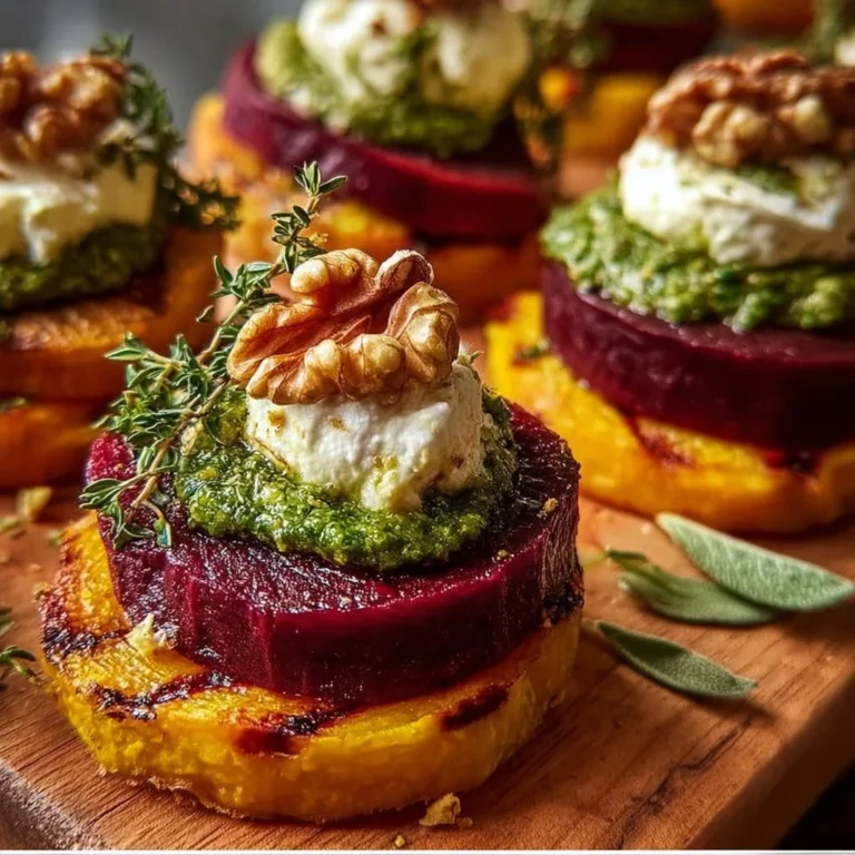 Sweet potato and beet stacks topped with fresh pesto, burrata cheese, and walnuts.