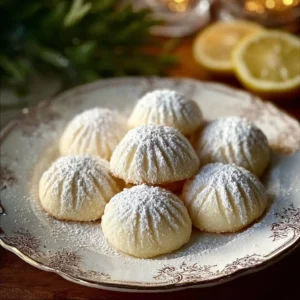 Sweetened condensed milk snowball cookies on a plate with powdered sugar.
