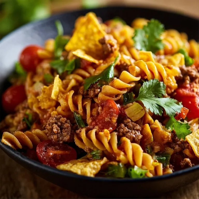 Colorful Taco Pasta Salad with vibrant vegetables, cheese, and taco seasoning.
