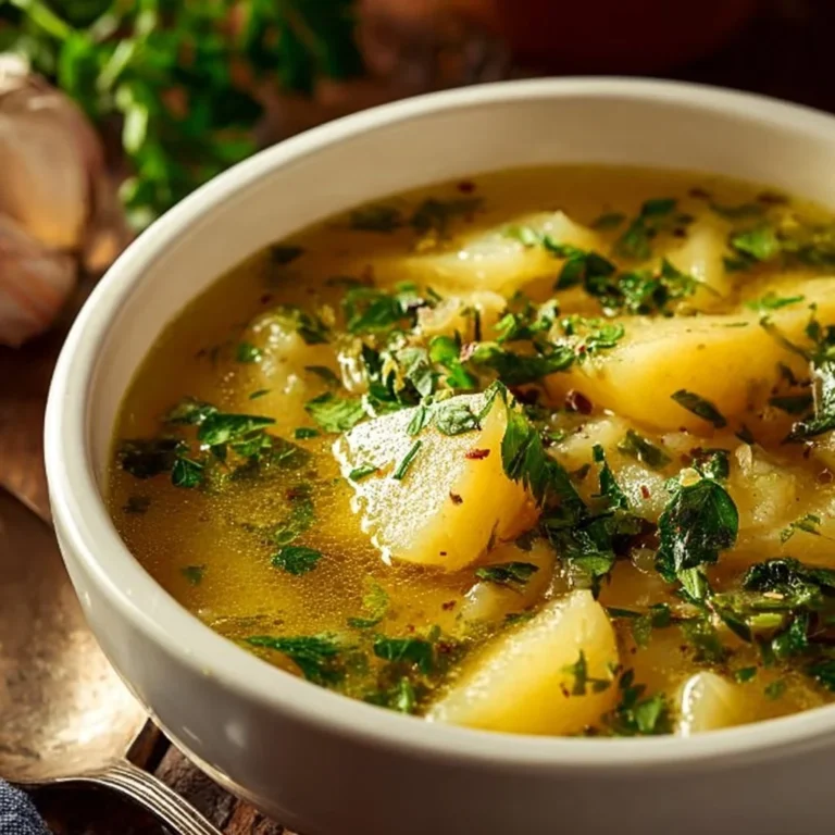 Bowl of garlic potato soup garnished with herbs, ideal for hangover recovery.