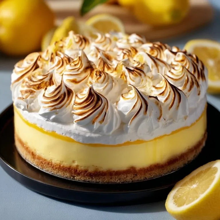 Triple Lemon Meringue Cheesecake with a smooth, creamy layer and lemon topping