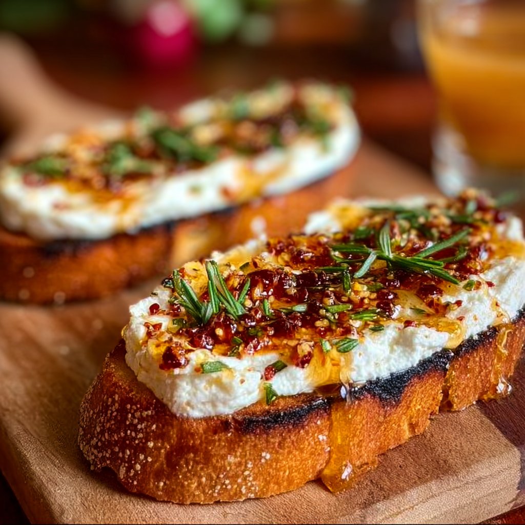Sweet and Spicy Whipped Feta Crostini with Hot Honey